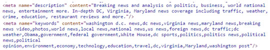 Example of the description and keywords meta tags, using the Washington Post web site as an example